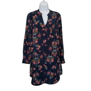 Collective Concepts Floral Shift Dress Oversized XS Blue V-Neck Fully Lined.